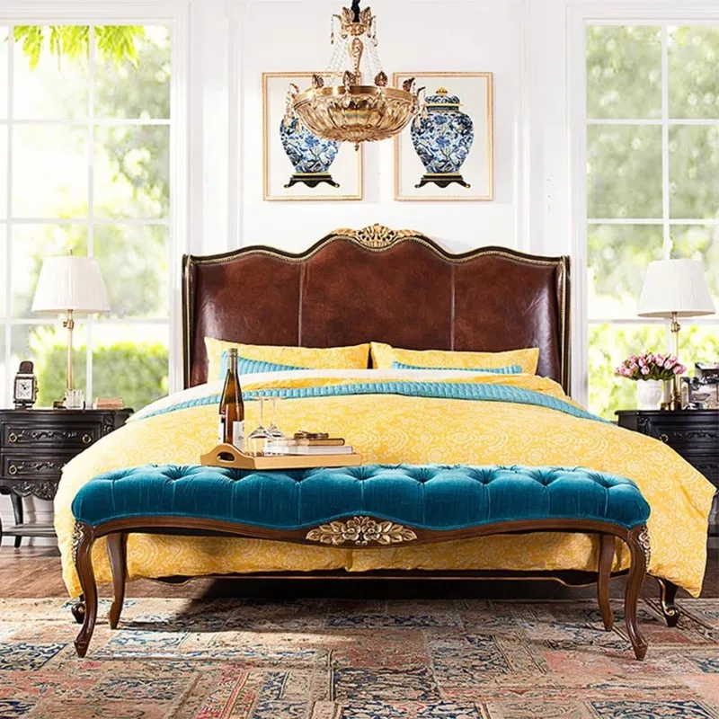 Neoclassical American solid wood carving flower bedside stool, malachite green cloth sofa shoe changing stool