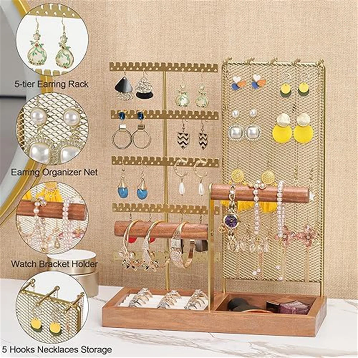 AGG-Removable Jewelry Storage Box Holder,7-Layer Necklace Holder with 80 Holes and Wooden Handle for Bracelets Watches Rings