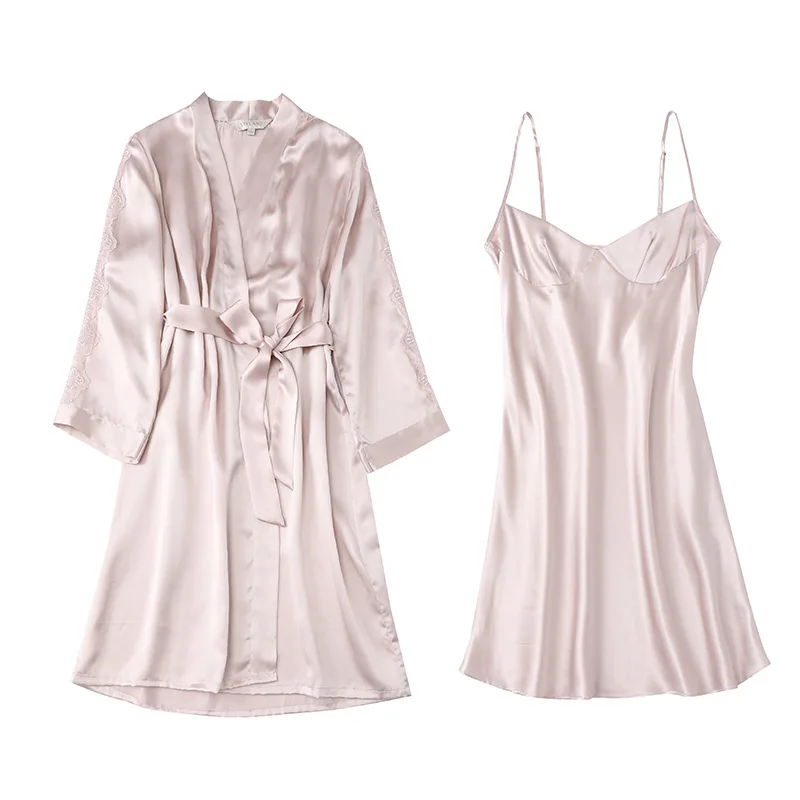 Birdtree 100%Pure Silk Pajamas Sets Women Sexy Robe Two-piece Lace Silk Nightdress Sleepwear Sleepshirts Lounge Nighty S37110QM