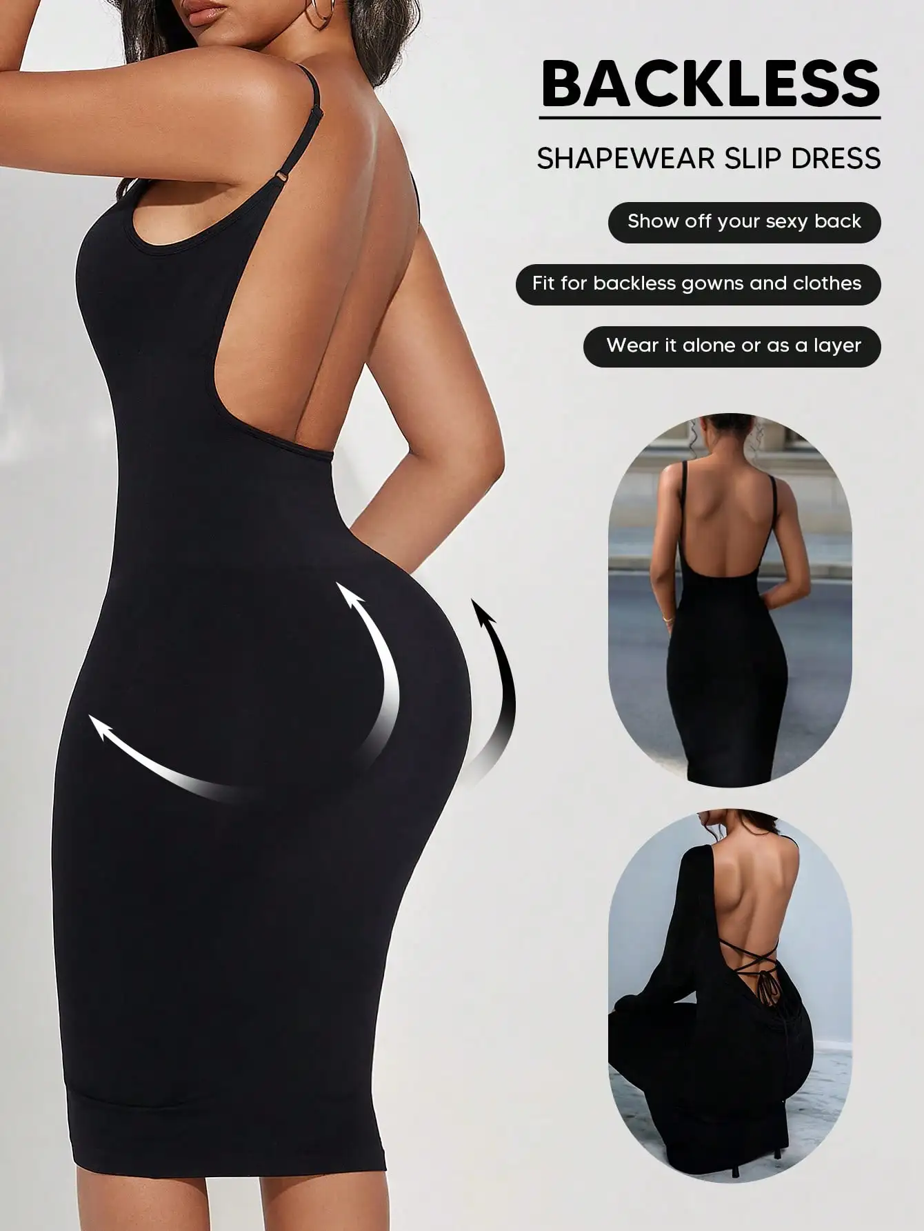 

Women's Backless Bodycon Slip Dress with Tummy Control, Sexy Low Back for Parties or Layering