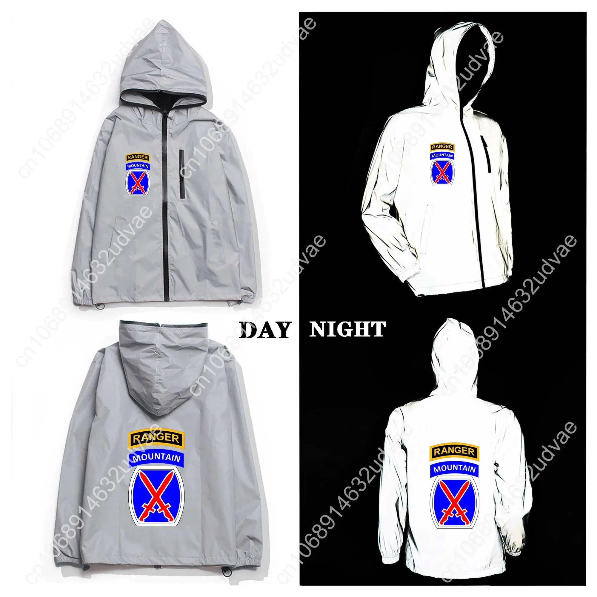10th Mountain MTN Division Patch Range Reflective Jacket Mens Womens Coat Hooded Windbreaker Jackets Zipper Customized Hoodie