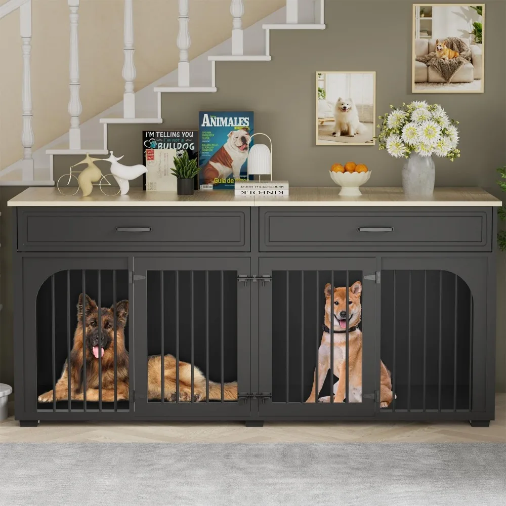 74.8'' dog crate furniture, wooden dog crate with 2 drawers and removable divider, heavy duty dog kennel indoor tv stand for sm