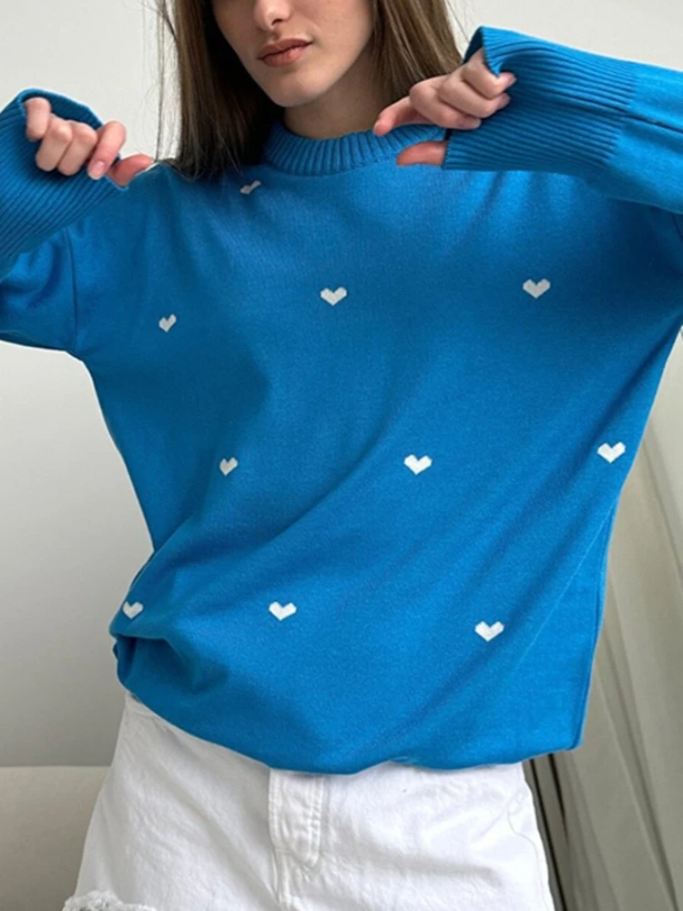 

Autumn Winter Women's Love Print Knitted Pullover Fashion Casual Loose Female Versatile Long Sleeves Tops Warm Oversized Sweater