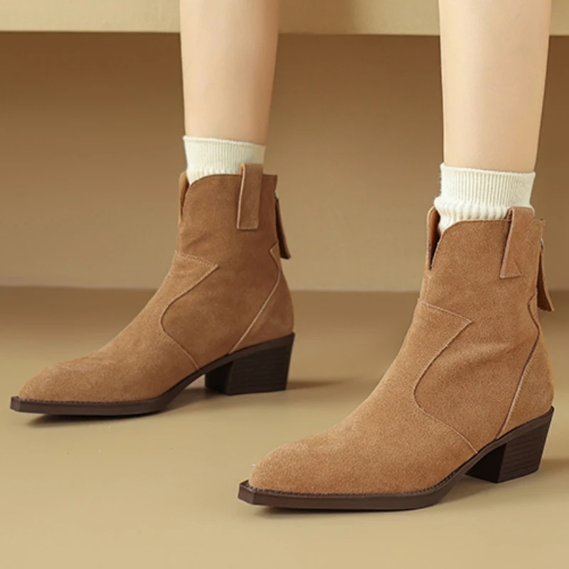 Natural Suede Women's Western Boots Winter Black Brown Khaki Ladies Point Toe Ankle Boots Fashion Patchwork Back Zipper Boots