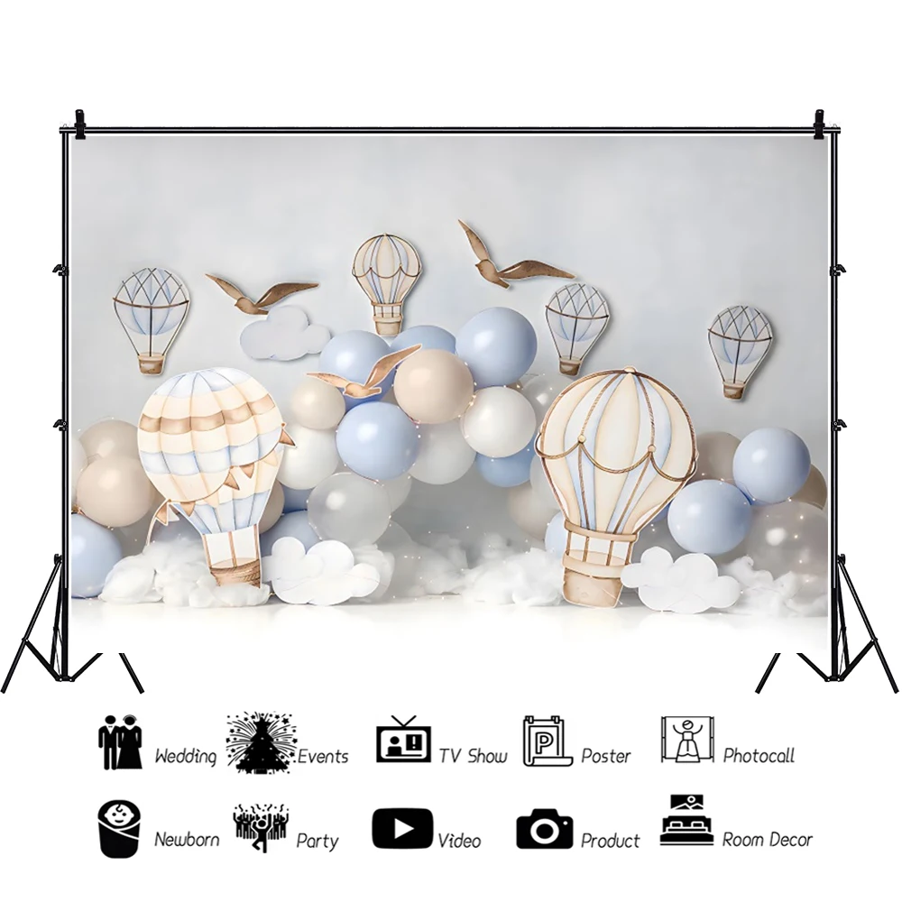 Laeacco Hot Air Balloon Party Scene Backdrop Blue Balloons Cloud Girl Birthday Party Baby Shower Portrait Photography Background