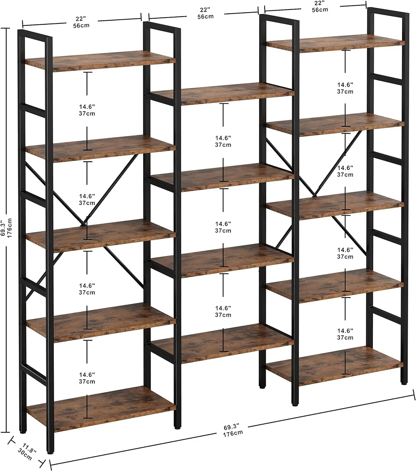 IRONCK Bookcases and Bookshelves Triple Wide 5 Tiers Industrial Bookshelf, Large Etagere Bookshelf Open Display Shelves