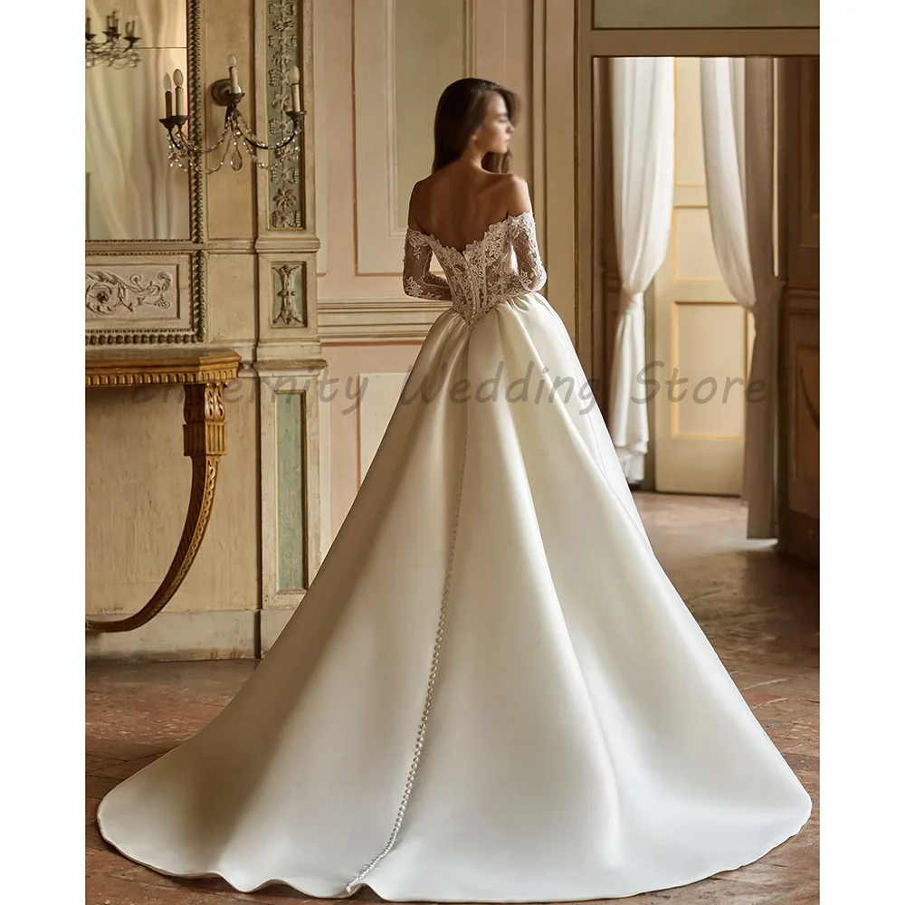 Off‑the‑Shoulder Lace Satin Wedding Dress Detachable Long Lace Sleeves Sweetheart Corset Ball Gown Bridal Dress With Train