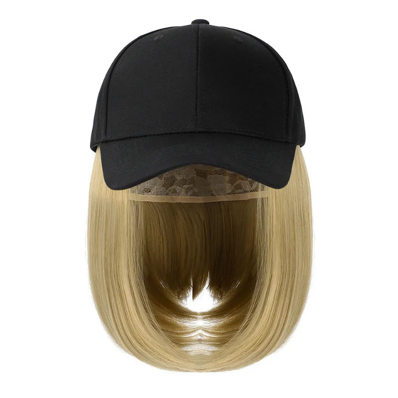 Synthetic Adjustable Black Hat Wigs Short Bob Straight Baseball Cap Wig Seamless Connection Hair Extensions for Women