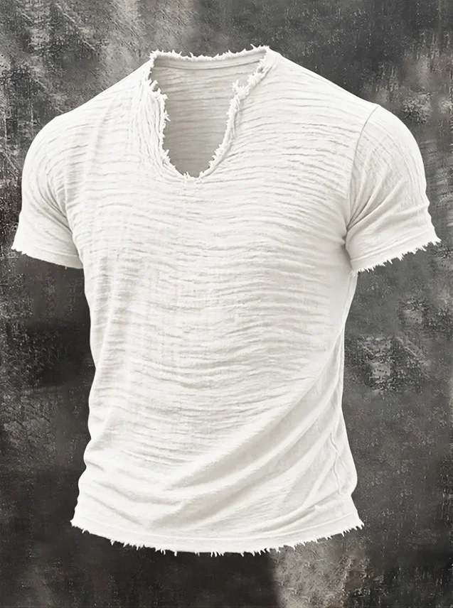 Herren-T-Shirt mit ausgefranstem V-Ausschnitt und kurzen Ärmeln, faltige Textur, 100 % Baumwolle, minimalistische, lässige, einfarbige T-Shirts für den täglichen Gebrauch – Detail 4