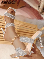 Aneikeh Sexy Silver Sequin rhinestone PVC Slippers For Women Square Toe Strange High Heels Sandals Summer Fashion Party Shoes