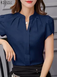 ZANZEA Formal Office V-neck Blusas Women Chiffon Blouses Elegant Ruffles Short Sleeve Tops 2024 Summer Solid Pleating Shirts