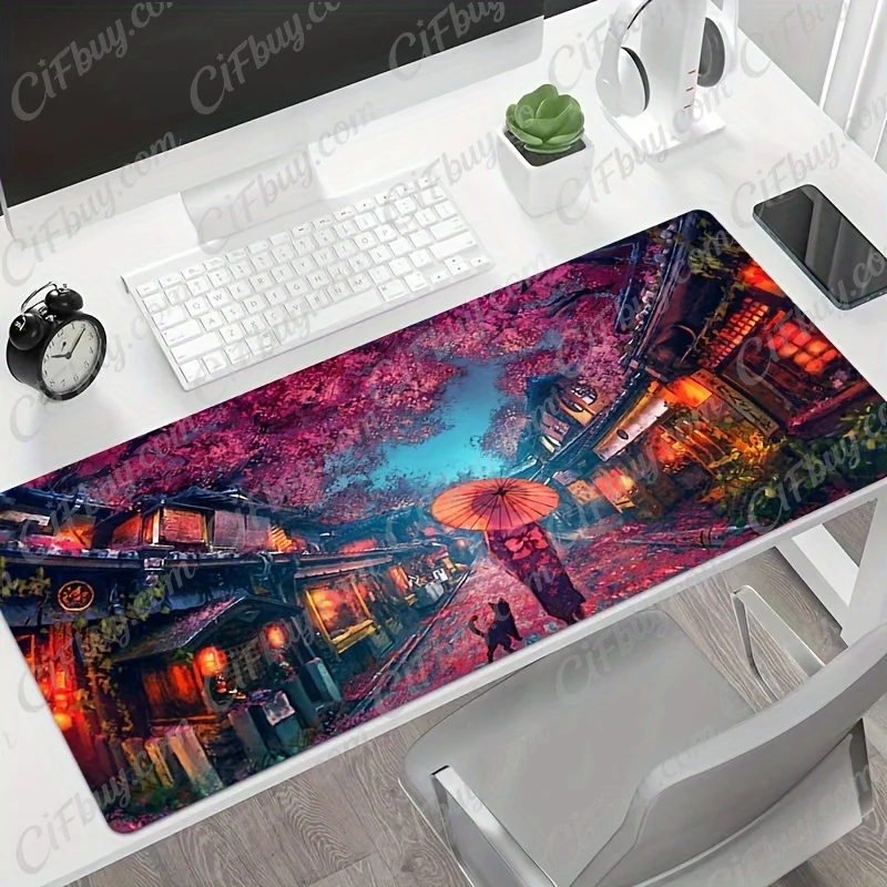 CIFBUY Japanese Street Anime Girl Large Gaming Mouse Pad Sakura Kimono Natural Rubber Stitched Edges Non-Slip Rubber Base Home