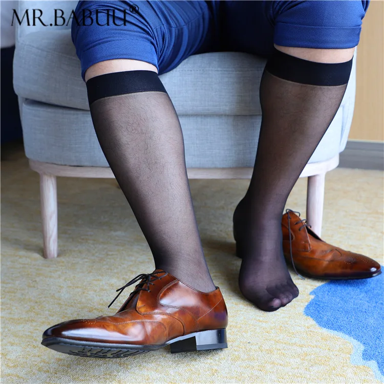 Men's Business Formal Dress Socks Middle High Tube Elastic Sheer Stocking Double Layer Transparent Nylon Socks