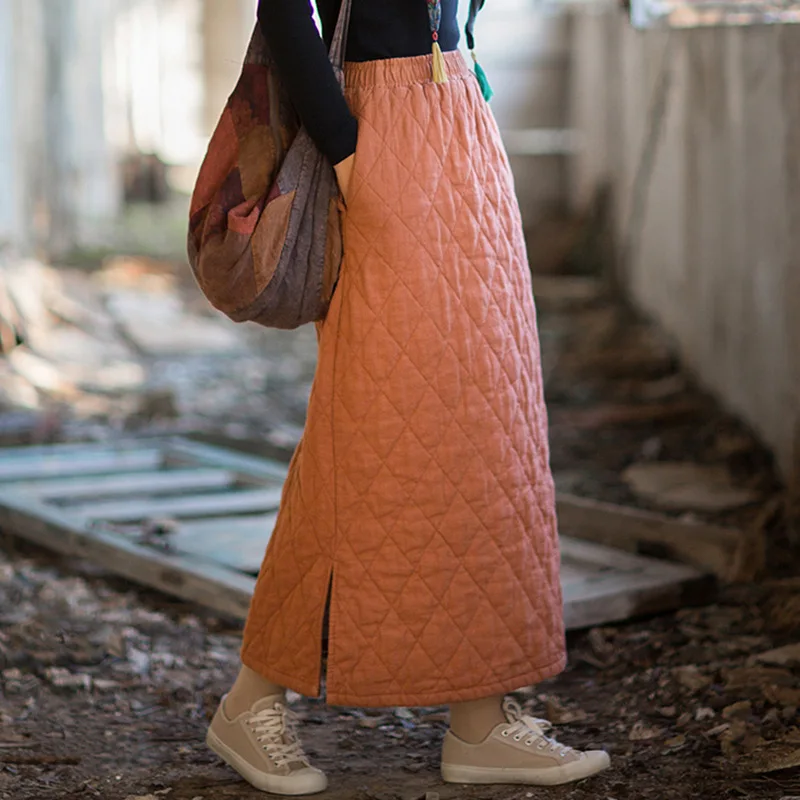 Cotton-Linen Blend Quilted Thickened Skirt Diamond-Quilted Loose-Fit Literary-Style Retro Chinese-Inspired Midi A-Line Skirt