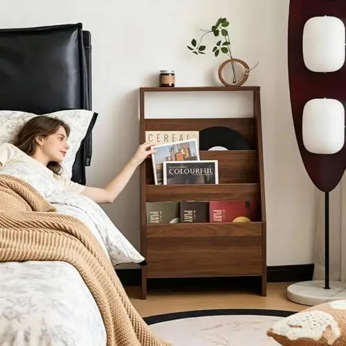 3-Tier Floor Standing Magazine Rack for Vinyl Records Books (Walnut) | 3 Open Tiers| Space-Saving Footprint