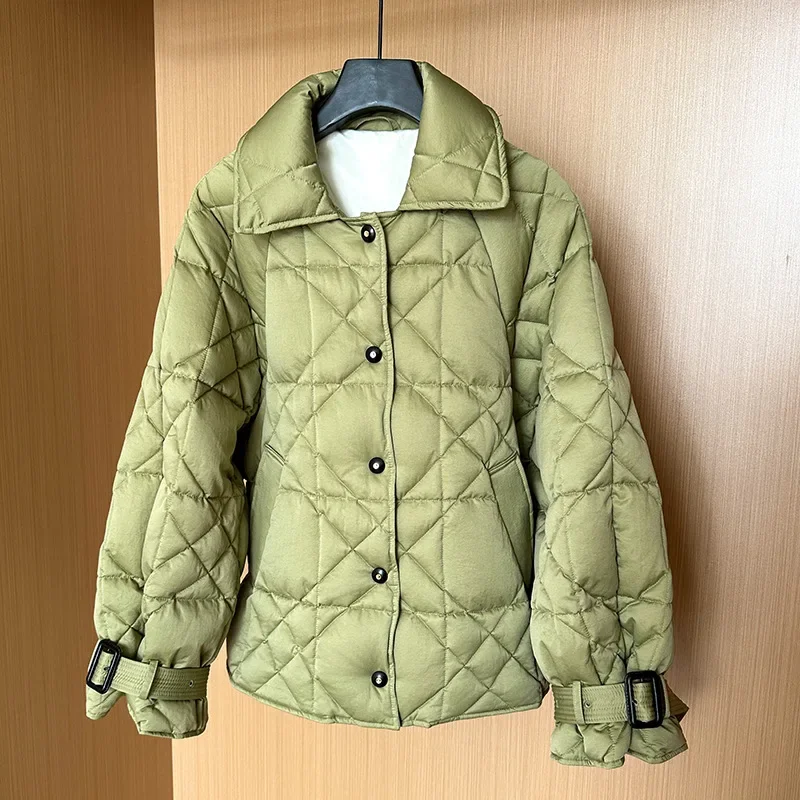 2024 Winter New 90% White Duck Down Jacket Women Short Shirt-style Loose Rhombic Luxury Coat Thick Warm Oversized Parkas Outwear