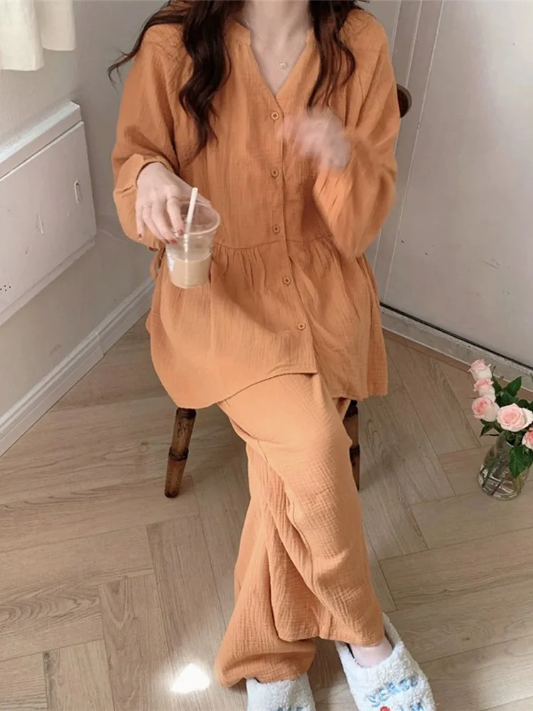 Ropa de Dormir de Aodón Puro para Mujer, Otoño Invierno, Nueva, Informal, Simple, Dulce, a la Moda, Conjunto de Ropa de Cas...