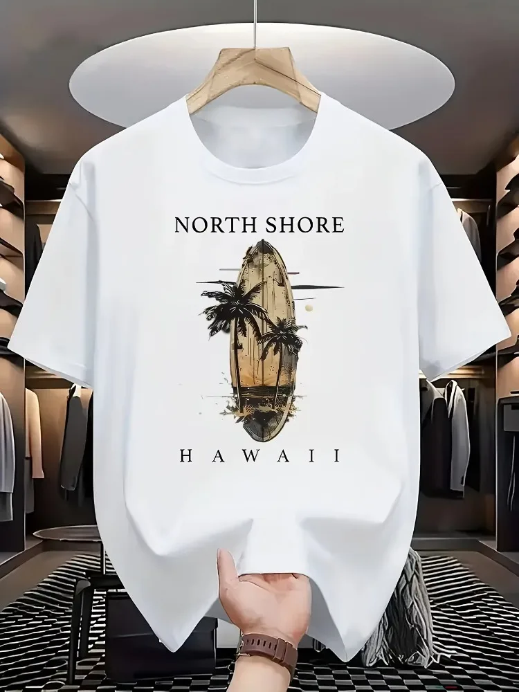 SHORE HAWAII Surfing Board And Palm Tree Pattern White Short-Sleeved T-Shirt: A Stylish Item That Shows The Tropical Seaside Sty