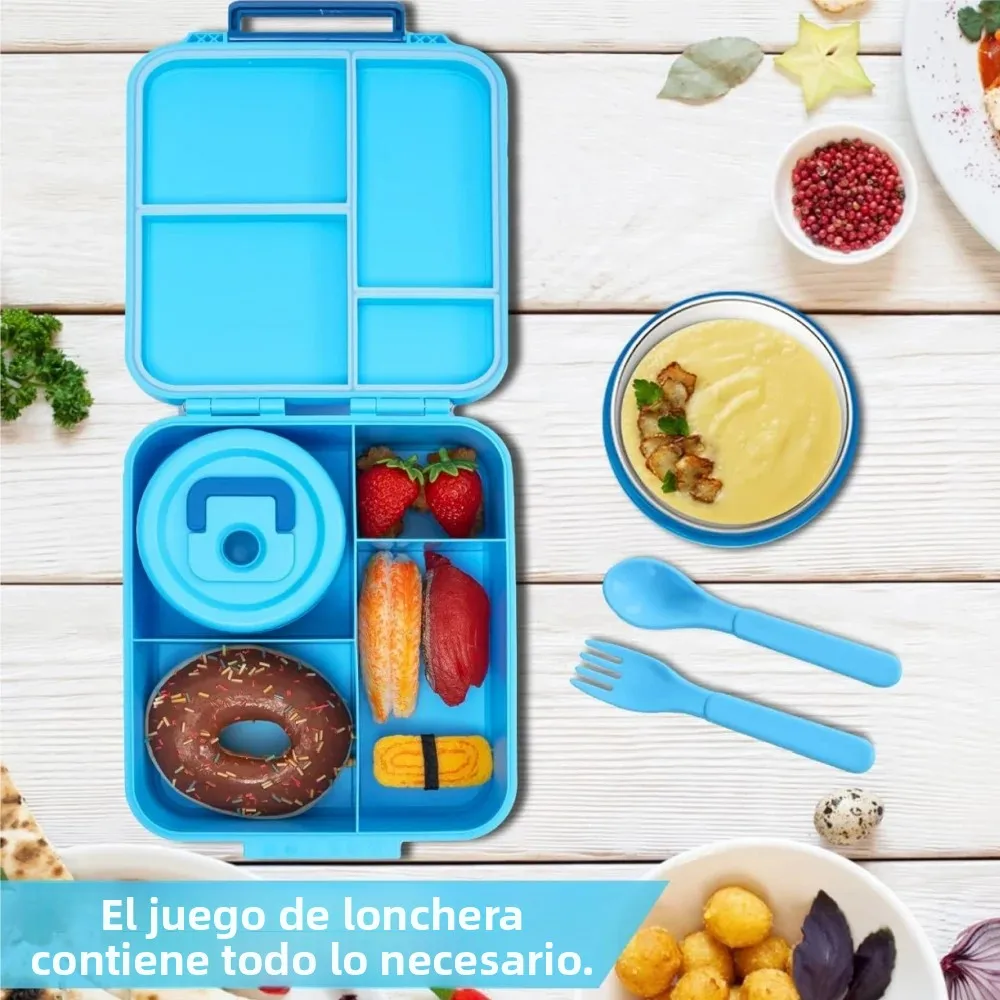 Bento Lunch Box with Soup Thermo Jar, Leakproof 4 Compartment Lunch Food Containers, Thermo Insulated Hot Food Jar for School