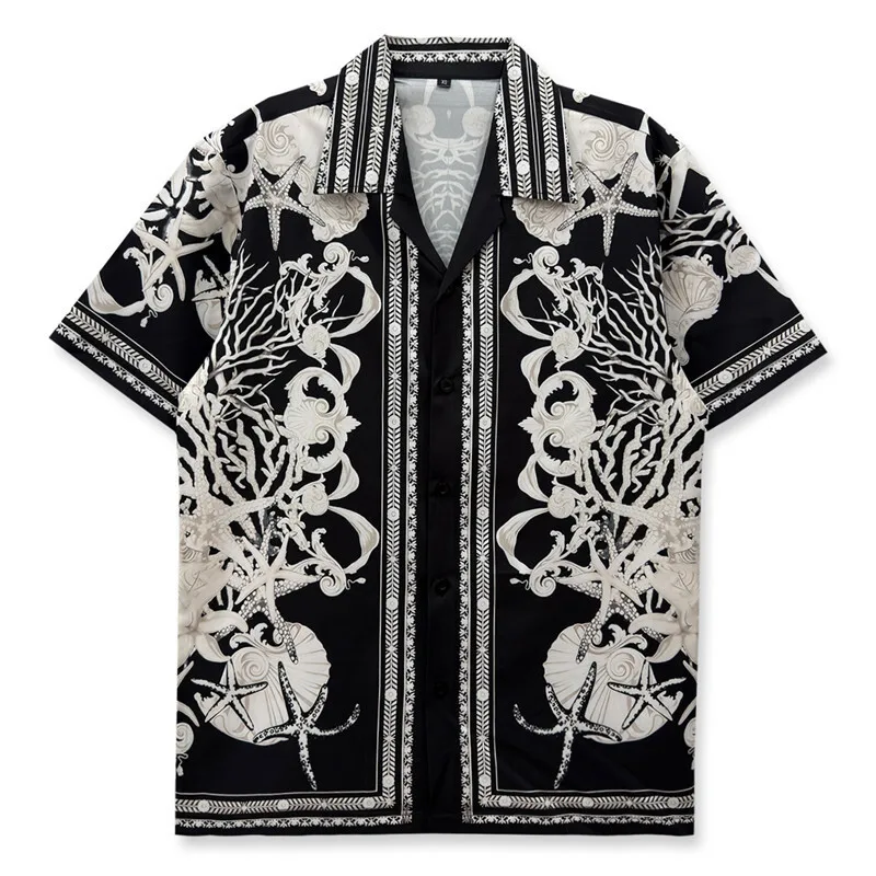 

2026 Casual Shirt Black White Print Short Sleeve Shirt Party Dress Shirts Men Clothing Flower Shirts Men Camisa Social Masculina