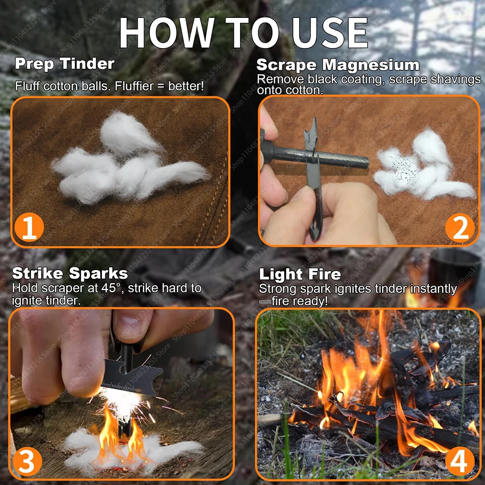 2PCS Magnesium Fire Starter Striker High Temp Magnesium Rod Ferro Rod Fire Starter Survival Tool with 20Pack Waterproof Tinder - view 2