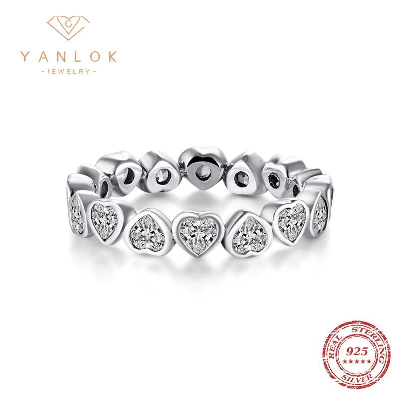 YANLOK Simulated Ring Bands Jewelry Fashion Real 925 sterling silver Love Hearts Ring Classic Cubic Zirconia Jewelry Eternity