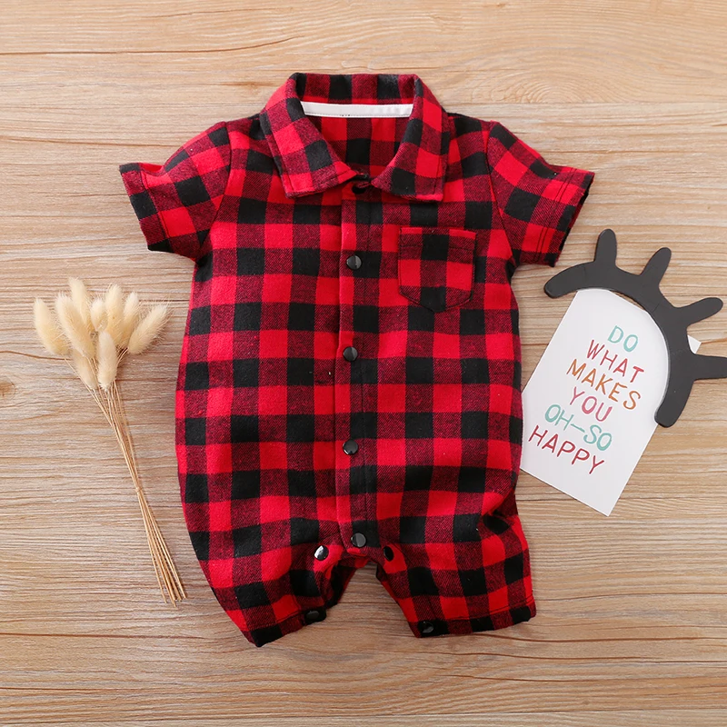 Summer Boys And Girls Literary Style Checkered Shirt Casual Comfortable Short Sleeve Baby Bodysuit