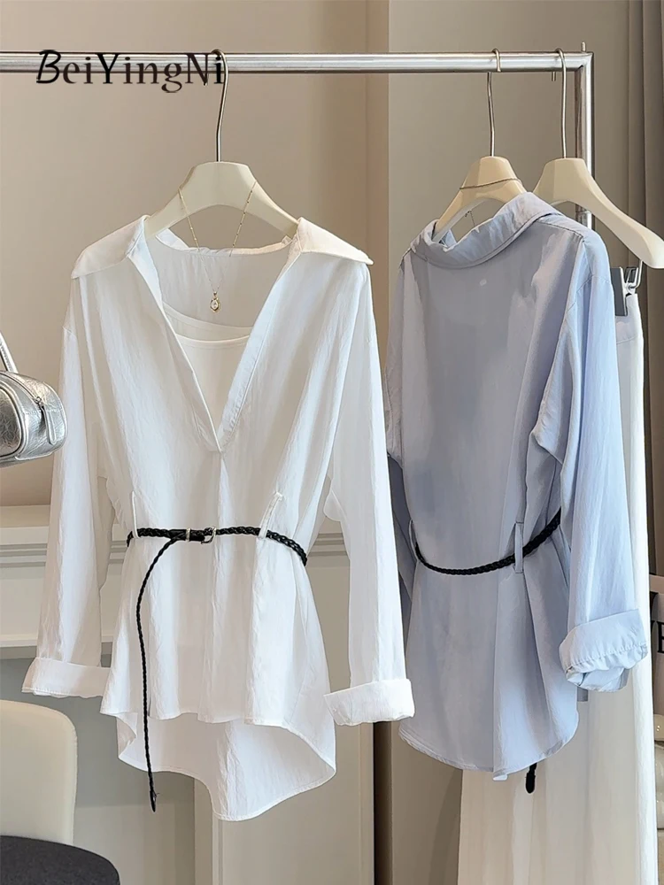 

Beiyingni New Fashion Women Shirts + Vest 2 Piece Sets Korean Elegant Office Ladies Blusas Belted Loose Casual Street Shirt Tops