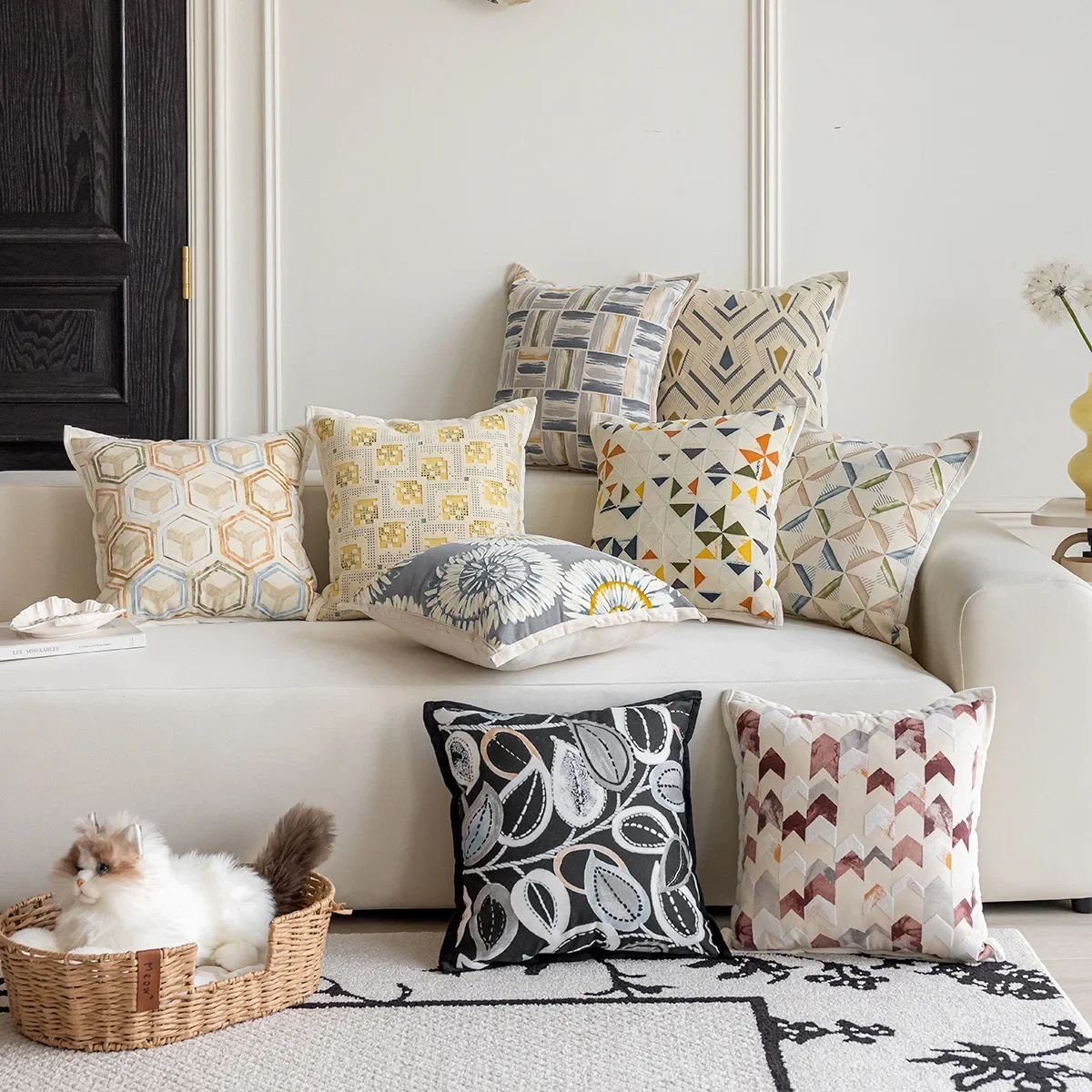 Nordic Geometric Flocked Jacquard Cushion Cover Modern Light Luxury Pillowcases Home Decor Pillow Covers Decorative Living Room