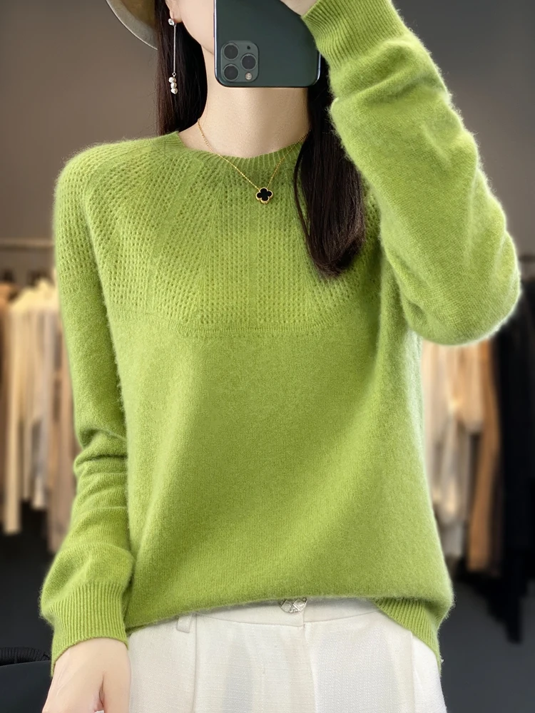 Autumn Winter Women Sweater O-Neck Long Sleeve 100% Merino Wool Hollow Solid Pullovers Cashmere Knitwear Female Clothing Tops