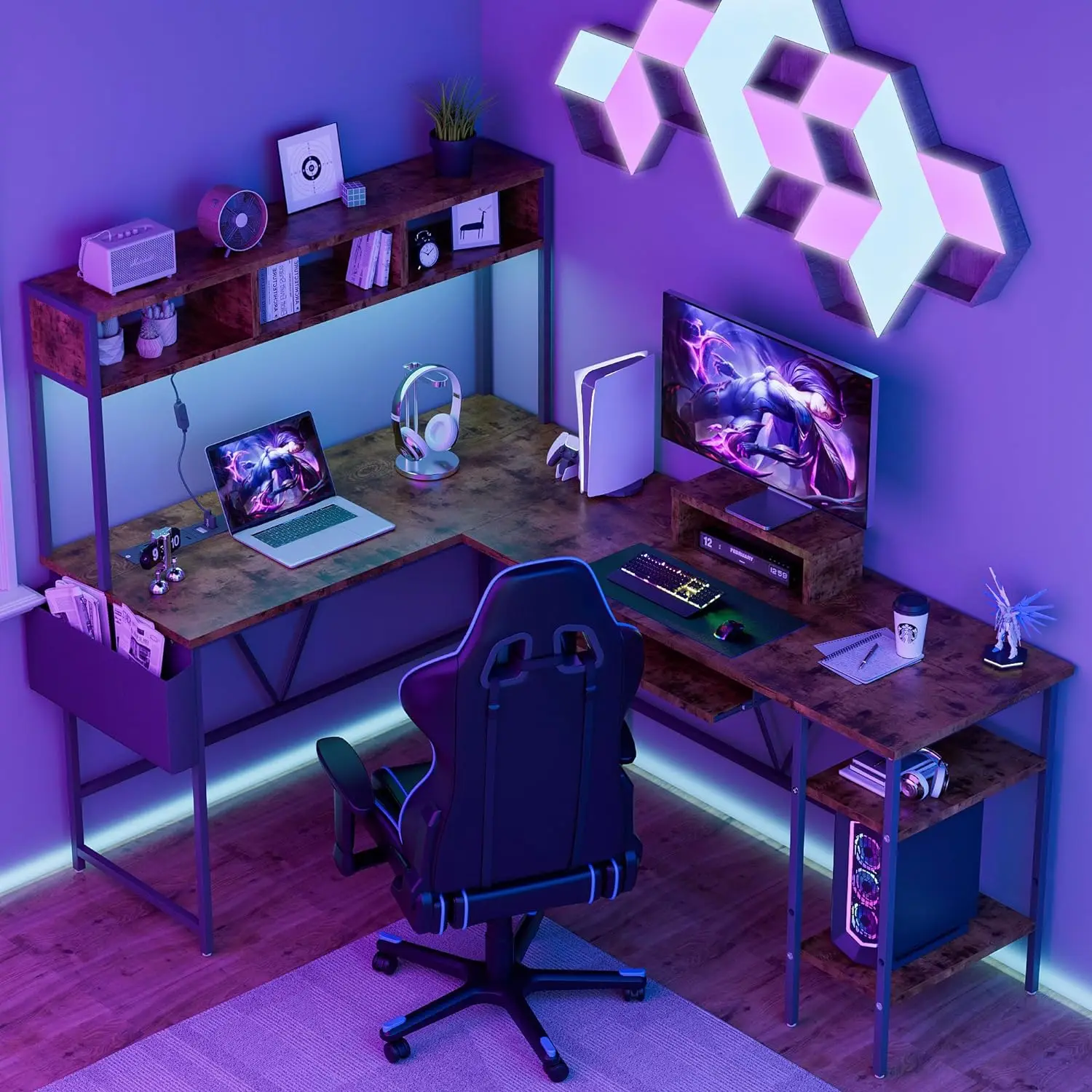 L-Vormige Gaming Bureau Met Stopcontacten En Led Verlichting, Omkeerbare Hoek Computer Bureau Met Monitor Standaard, Toetsenbord Lade