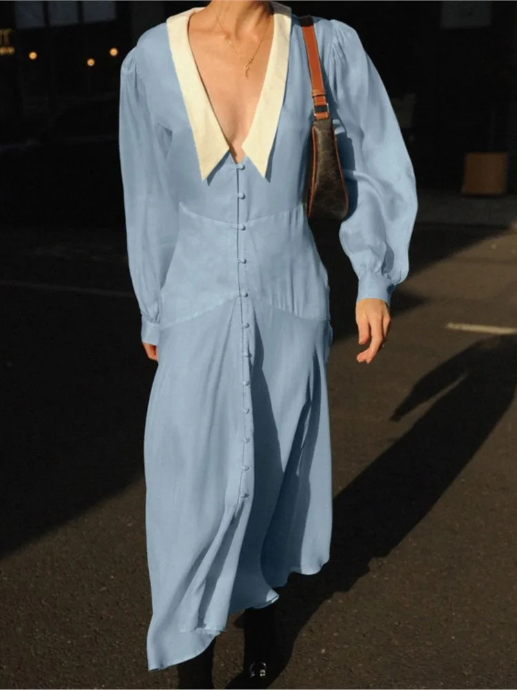 

Elegant Chic Long Dress Women 2025 New Summer Turndown Collar Single Breasted Split Long Sleeve Midi Dresses Casual Slim Dress