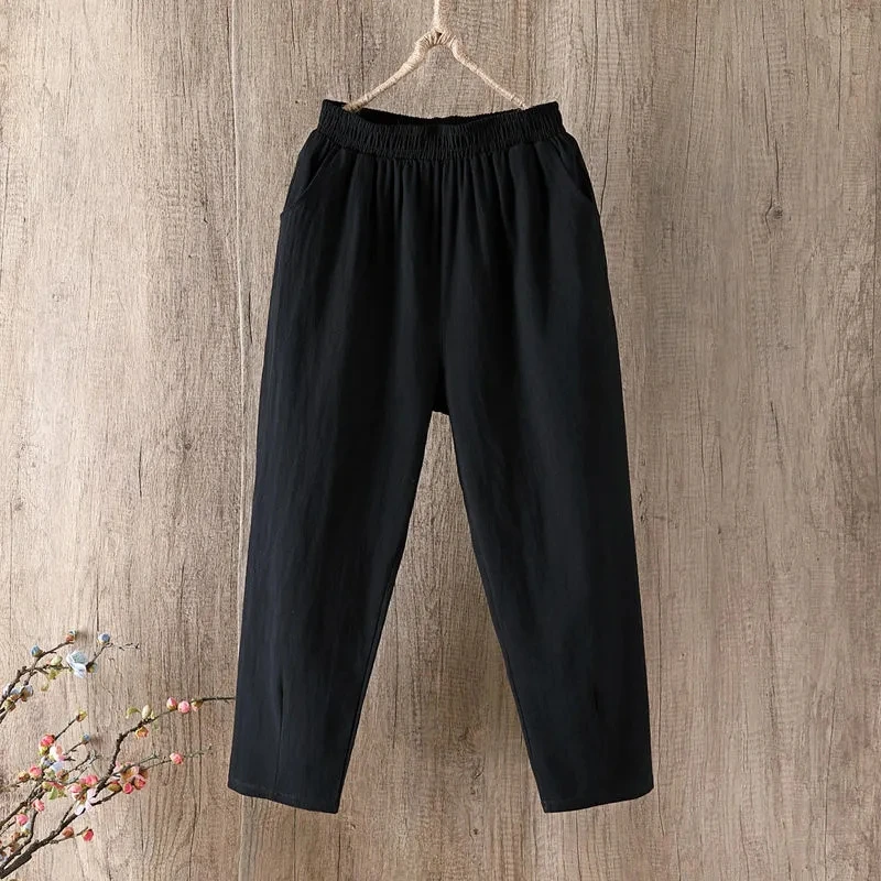 Fashion Cotton Linen Harem Pants Women Summer Loose  4XL Solid Color Pants High Waist Elastic Female Ankle-length Pants