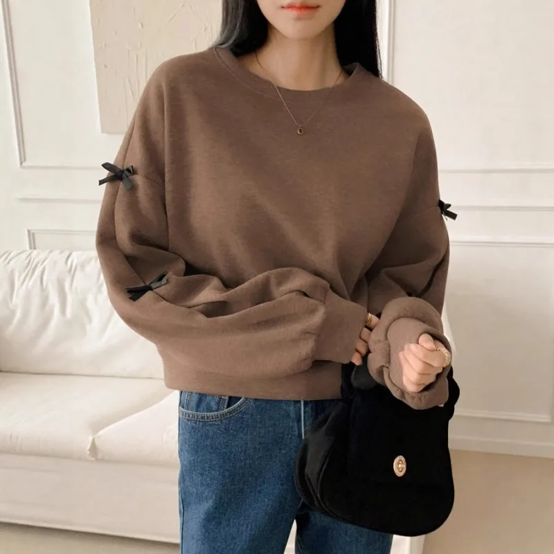

Женский свитшот с бантом и круглым вырезом, свободного кроя, цвета кэмел, повседневный, с длинными рукавами, для женщин