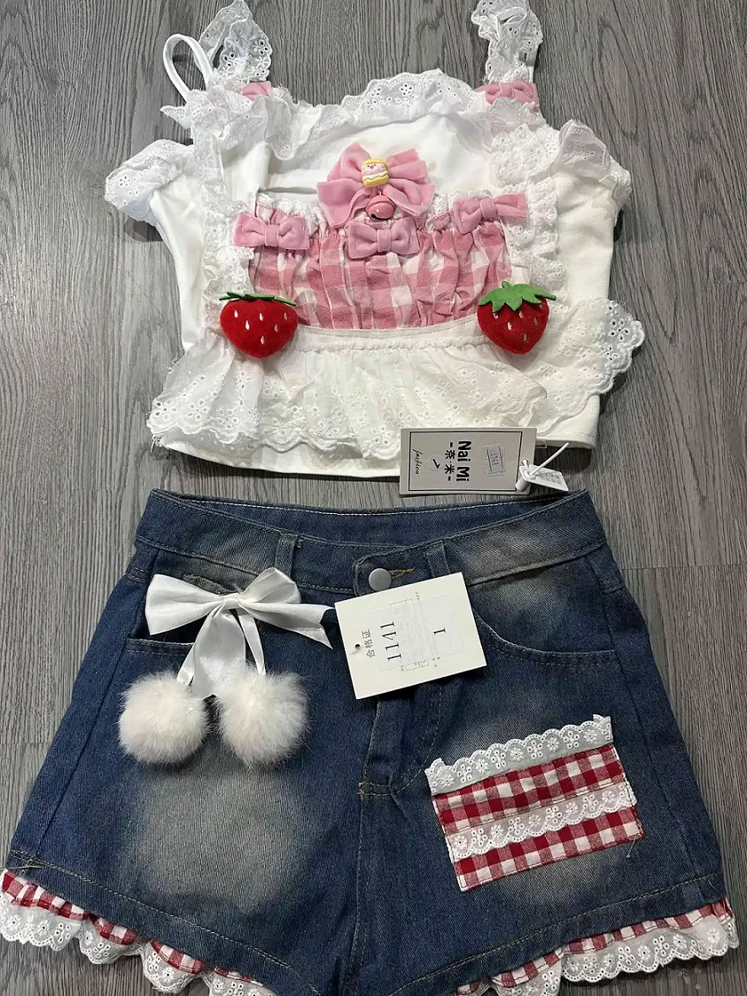 

Mori Girl Vintage Contrast Color Temperament Sweet Camisole Crop Top + High Waisted Denim Shorts Summer New 2 Pcs Sets Y2k Suits