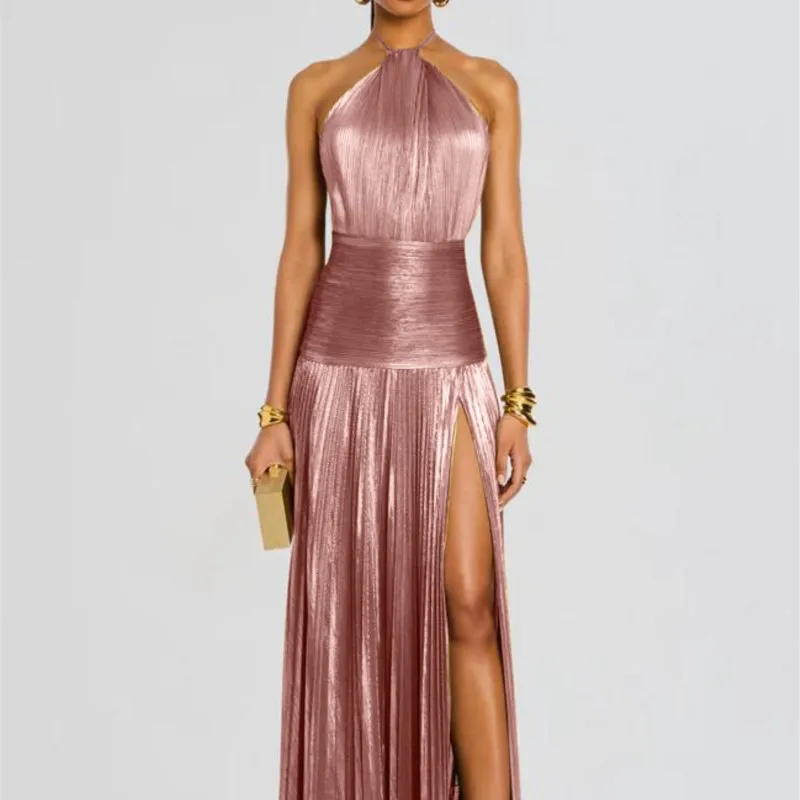 Frühling Herbst Elegante Cocktail Abendkleid Sexy Ärmelloses Gefaltetes Dünnes Hohes Schlitz Langen Rock Retro Einfarbig Party Vestido