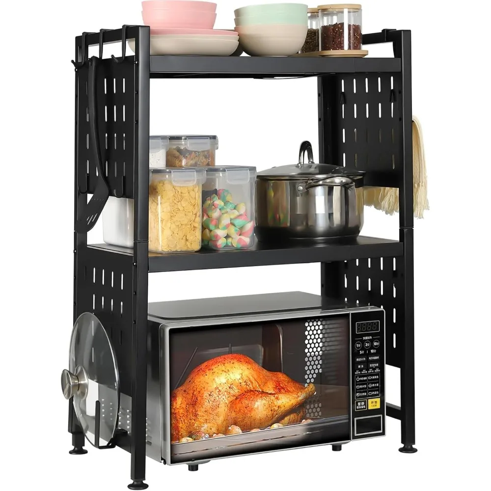 

Adjustable 3-Tier Heavy Duty Metal Microwave Stand with Countertop Space and 4 Hooks