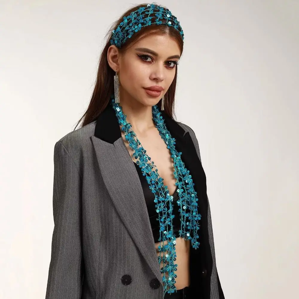 

Neck Wrap Shiny Sequin Scarf Flower Shape Hollow Waist Chain Multicolor Long Belly Dancing Scarf Girl