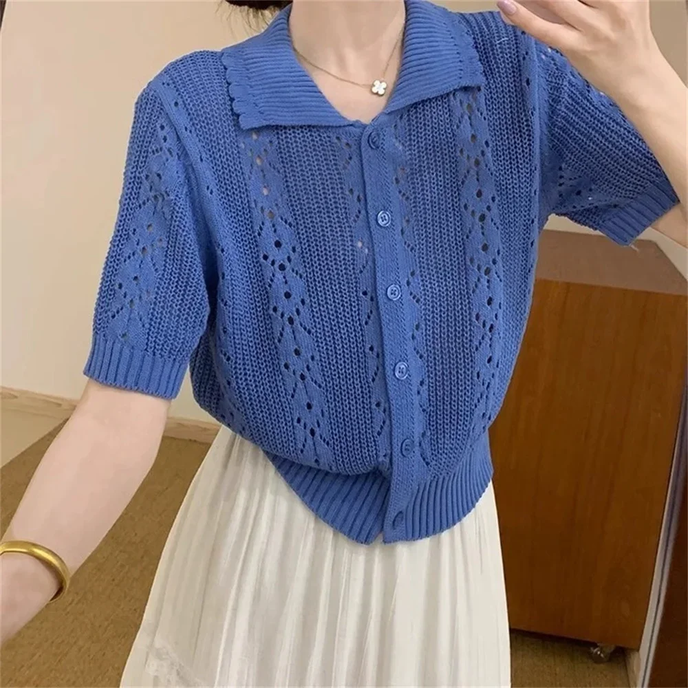 Thin Knitted Sweater T Shirt for Women Cardigan Single Breasted Hollow Out Sweet Korean Fashion Basics T-shirts Cropped Cardigan