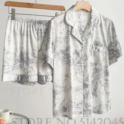 Summer Female Pajamas Set Short Sleeve Shorts Pijamas Suit Underwear Gray Print Pyjama Pour Femme Sleepwear Loose Satin Homewear