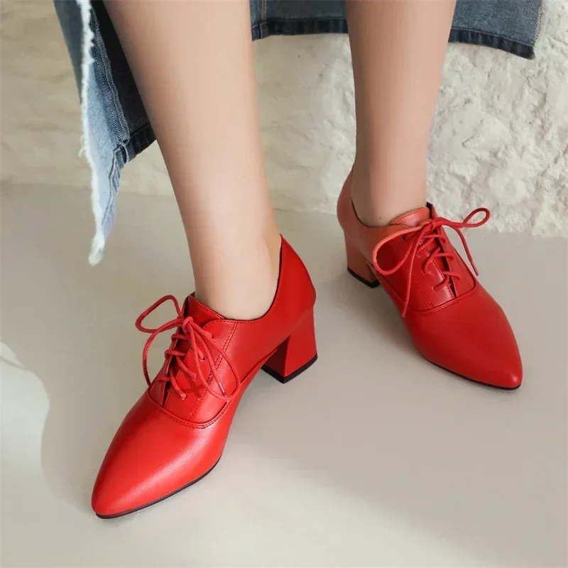 Red British Women Oxfords Khaki Black Brown High Chunky Heels Pumps Dress Office Lady Vintage Spring Lace-up Pointed Toe Brogues