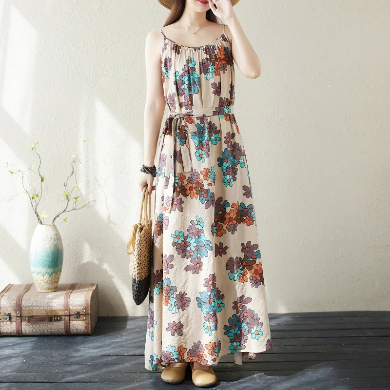 Summer Long Floral Dr n Beach Vaion Travel Beach Cotton Linen Large Size Long Skirt Women's Ele Sle Gown