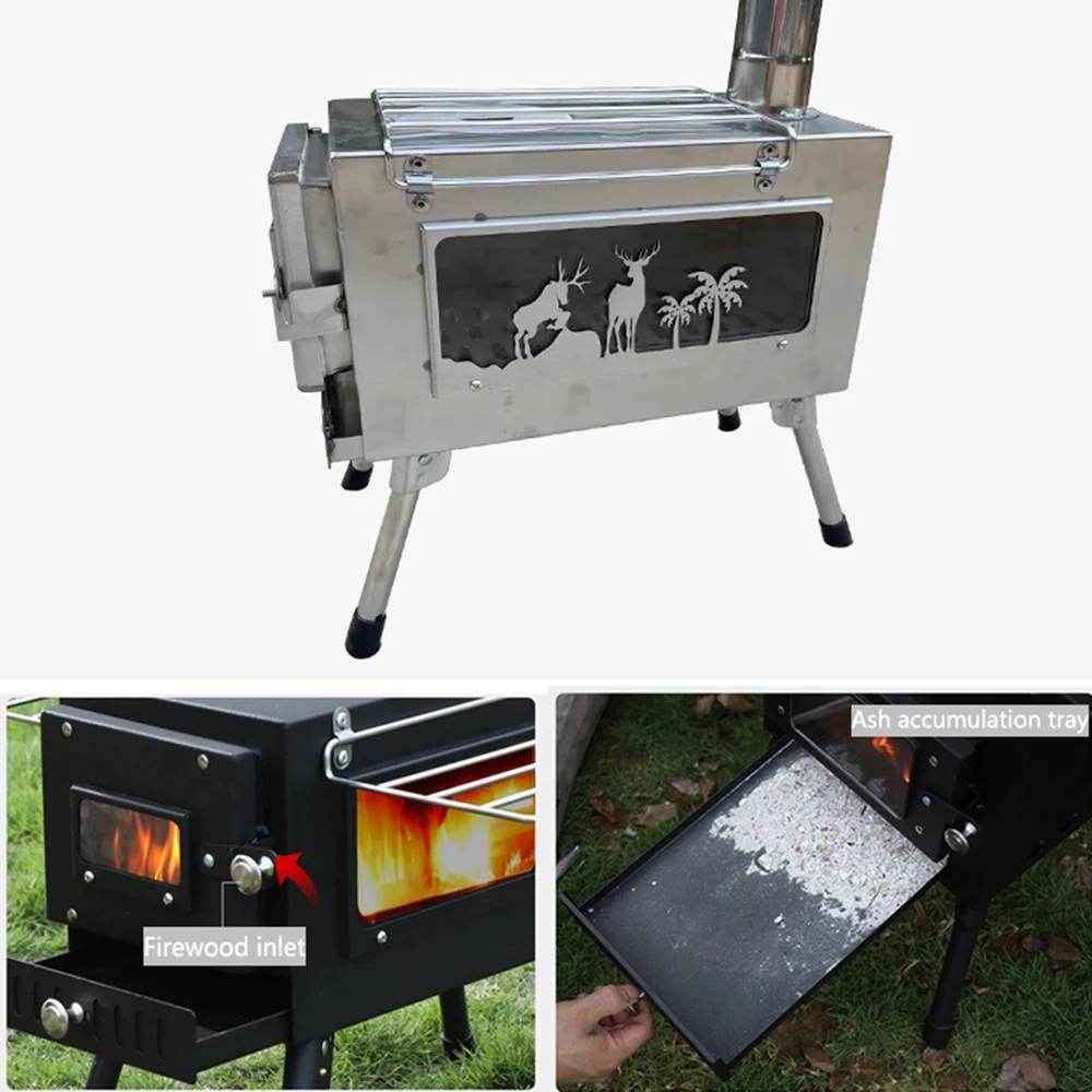 Tent Cassette Stove Heating Furnace Outdoor Stove Camping Folding Portable Multi-Purpose Thickened Stainless Steel Wood Stove