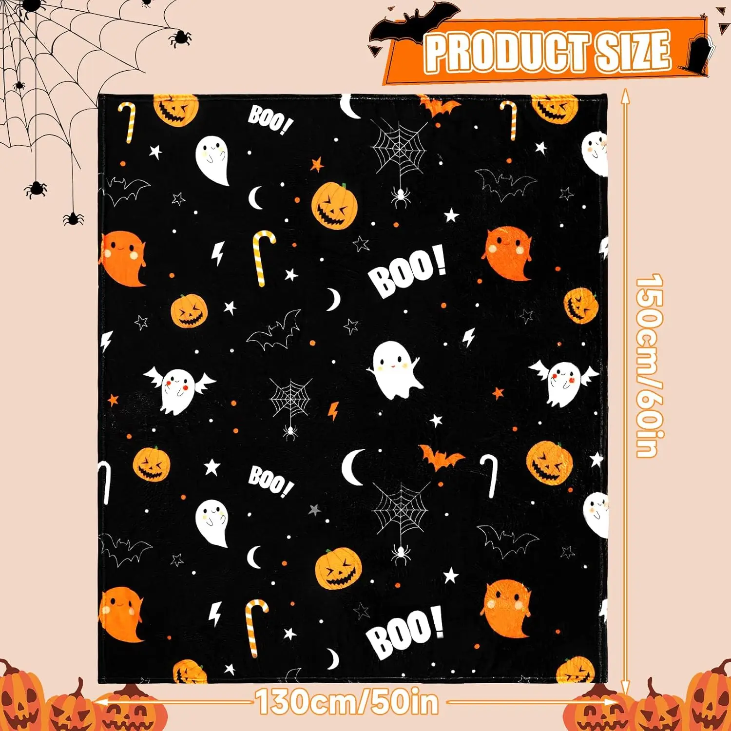 Jansun Halloween Blanket Spooky Ghost Pumpkin Throw for Couch Bed |   Premium Flannel Fleece 50x60, Cozy Warm Breathable, Funny Spider Bat Pattern, Adult Kids Holiday Room Decor