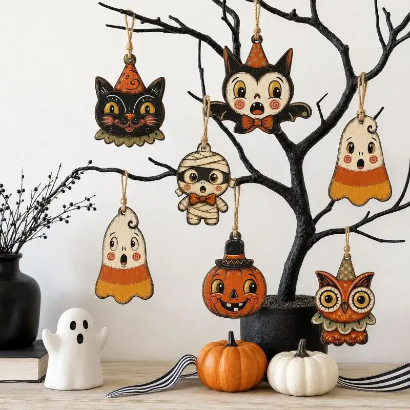 Cute Ghost Vampire Vintage Wood Hanging Sign Personalized Ornament Halloween Wall Decor Home Party Decoration