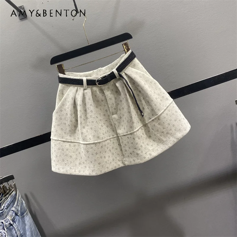 

French Design Sweet Floral Woolen Bud Women's Skirt 2025 Autumn Winter New High Waist Slimming A-line Short Umbrella Skirts Girl