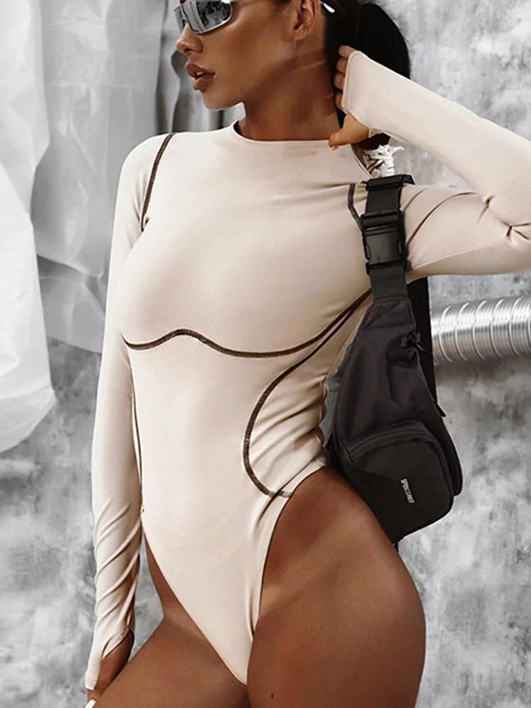 2024 long sleeve striped line patchwork bodycon sexy playsuit autumn winter women streetwear outfits female body