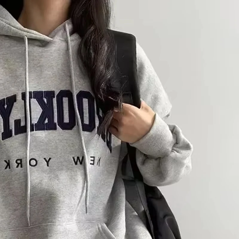 

Women's American Style Letter Printed Hooded Sweatshirt Loose Fit Thickened Fleece Lined Cross-Border Comfortable Clothing