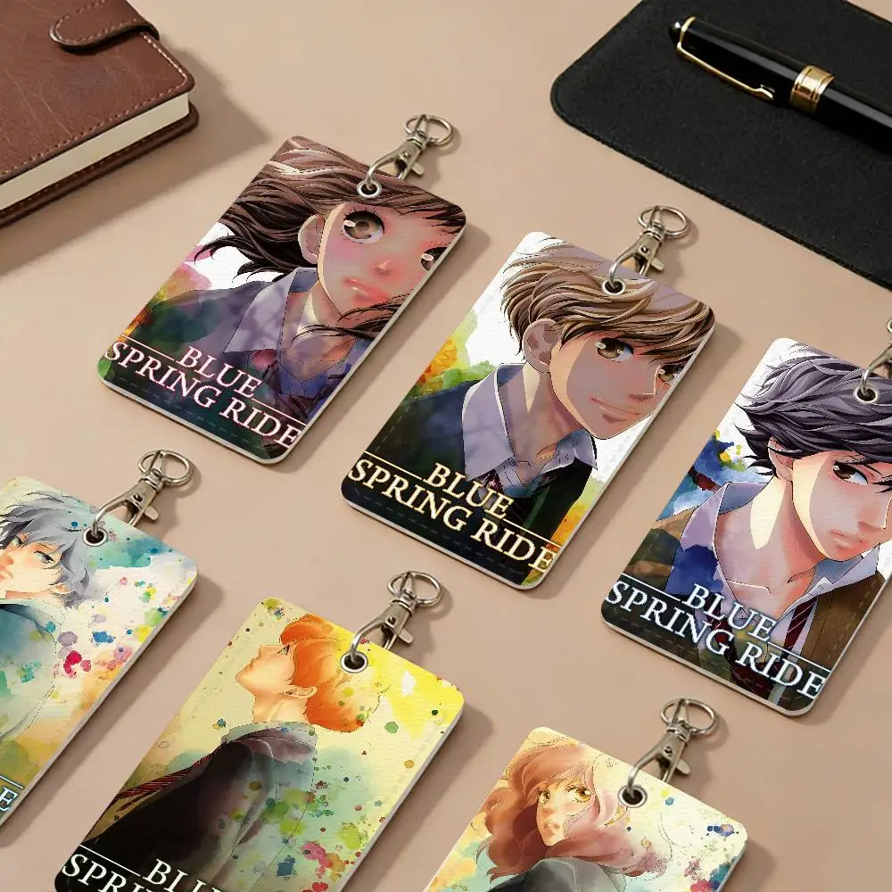 Anime Blue Spring Ride Cartoon PU Leather Card Holders Anti-lost Student ID Protective Cover Cases Campus Access Cards Key Chain