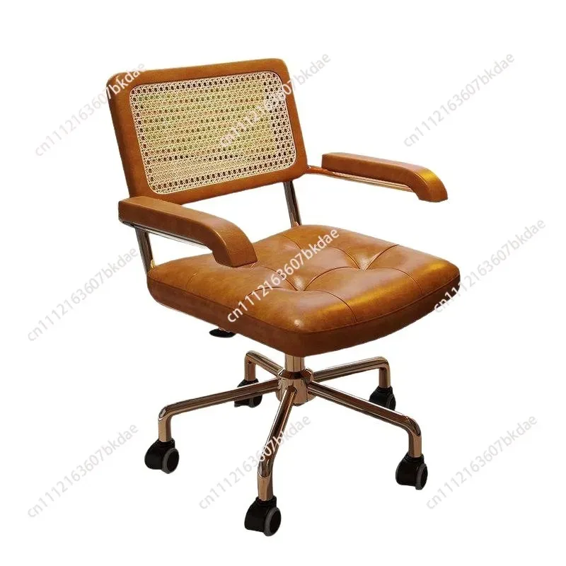 Retro Rattan Weave Computer Chairs Japanese Comfortable Study Desk Seat Rotating Lifting Chair Breathable Armrest Backrest Chair